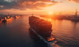 there is a boat on the water near a sunset