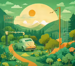 an illustrated view of cars parked along a wooded road,a car is traveling down the street at dusk in front of mountains