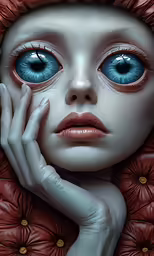 a painting of a girl with big blue eyes