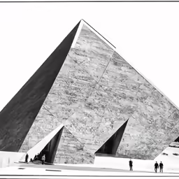 two tall pyramids are shown in black and white