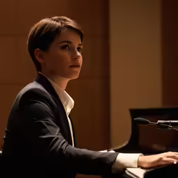 a woman is sitting in front of the piano
