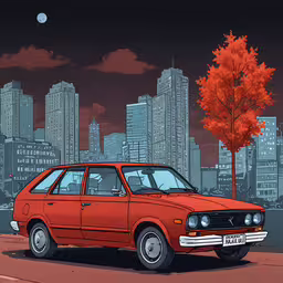 an orange car parked in front of some tall buildings,an orange car parked in front of the city