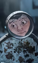 an image of a creepy man looking through a magnifying glass