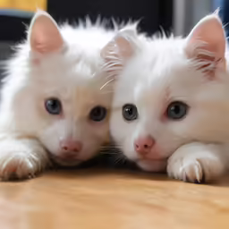 two white kittens laying down on the floor