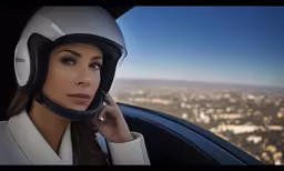 a woman with a helmet is talking on a cell phone