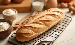 a loaf of bread sitting on top of a metal rack next to eggs and butter
