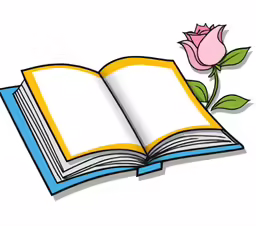 an open book with a rose on the page