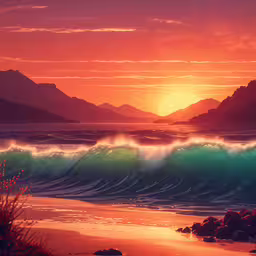the sun rises over a beach and mountain range,some mountains and some water with rocks