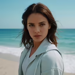a beautiful woman with long brown hair on the beach