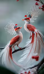 two birds sitting on top of a tree branch