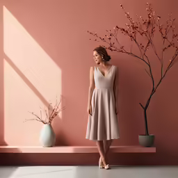 a woman in a pink dress standing next to a vase with trees