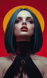 an illustration of a woman with dark green hair and makeup