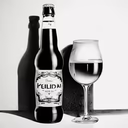 an empty wine glass and a bottle of beer