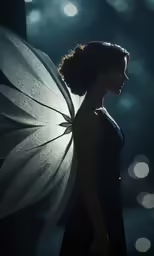 the young woman is holding onto the back of the big winged insect