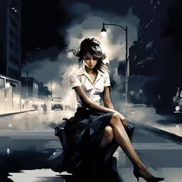 a woman sits in the street on a bench,a young woman in the street in her dress sitting on a chair