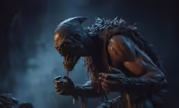 a creature with long hair standing next to some other creatures