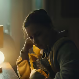 a woman sitting down at her desk and working on the phone