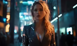 a woman wearing shiny silver clothes in the city at night