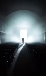 a man walking out from the light at an empty church