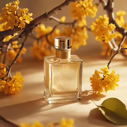 a perfume bottle sitting next to some flowers