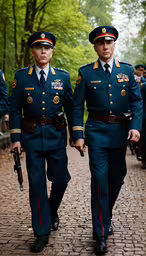 two military men walking down a brick walk way,two men dressed in military uniforms, and holding guns