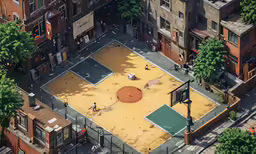 aerial view of an outdoor basketball court in a town