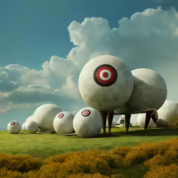 five large balls sitting on top of a lush green field