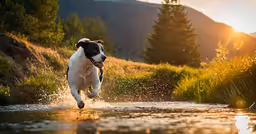 a dog running through a river during sunset