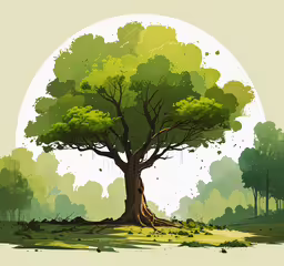 an artistic landscape depicting a tree that is green,an artisticly drawn picture of trees with a white circle in the background