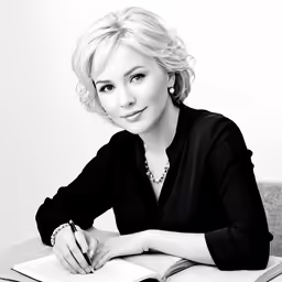 a lady in black shirt sitting at desk with books