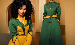 the model is dressed in green and yellow clothing