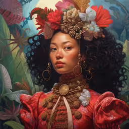 a painting of a woman with a flower crown on her head,a painting of a woman with an intricate head piece and earrings