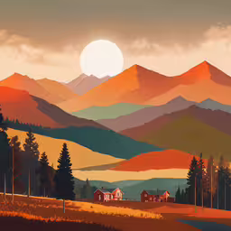 a painting with mountains in the background at sunset,mountains and homes in the foreground as the sun sets