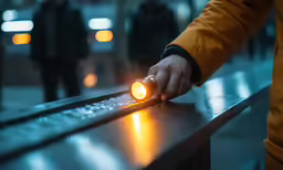 person touching a rail lit by some lights