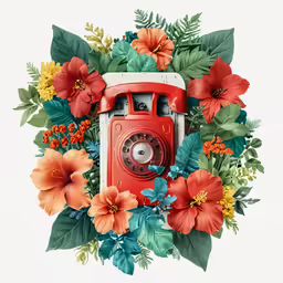 an artistic image of an orange phone surrounded by flowers and leaves