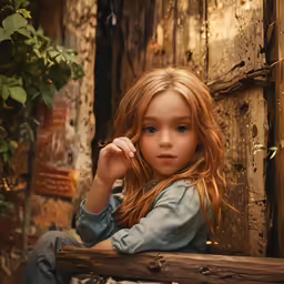 the young red haired girl is sitting in a chair outside