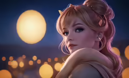 a girl with big blue eyes looking at something outside