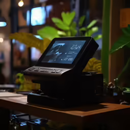 a digital phone sits on top of a wooden table
