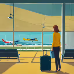 woman standing with her luggage in an airport by the runway,there is a person standing on the balcony holding luggage