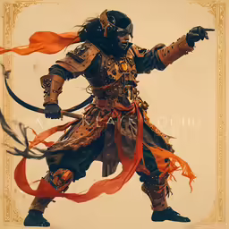 a painting of a person holding two swords and an orange ribbon