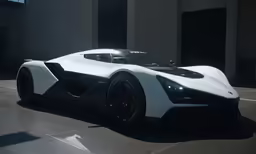a white and black sports car is in front of a building