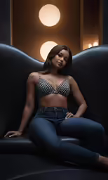 a woman sitting on top of a black couch