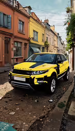 the yellow range rover is driving on a narrow street,a yellow suv on the side of a small city street