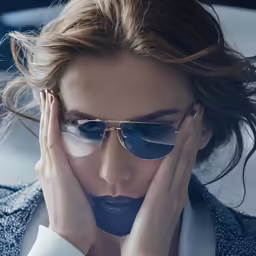 a model wears ray bannist sunglasses and a blue suit