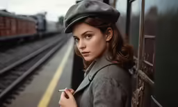 a woman standing on the rail of an indoor train station near the tracks