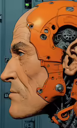 a man is wearing an orange robot head