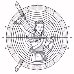 drawing a female archer pointing to the target,a drawing of a person with a bow and arrow,a man standing in front of a target with an arrow,a drawing of a woman holding a bow and arrow,an image of a woman aiming a bow with her arm and bow, in the center of a circle with arrows and dots