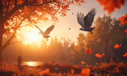two birds flying over the grass near flowers