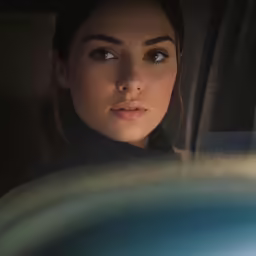 a young woman sitting in the drivers seat of a car