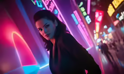 a woman standing near neon signs in a city